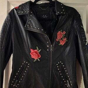 Elegant Black Leather Jacket with Red Floral Embroidery
